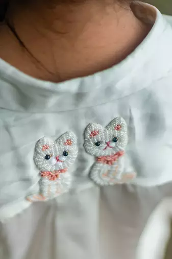 white Silk embroidered CAT MEOW SHIRT