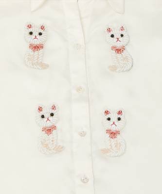 white Silk embroidered CAT MEOW SHIRT 5