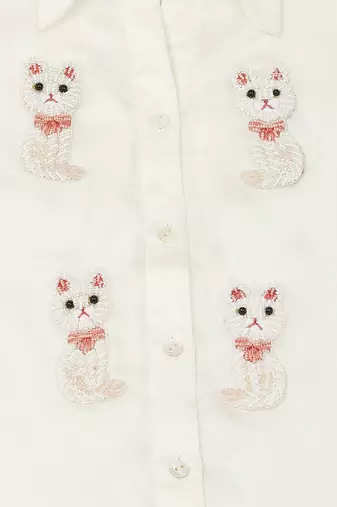 white Silk embroidered CAT MEOW SHIRT