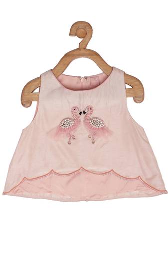 pink Tussar embroidered FLAMINGO CROP TOP