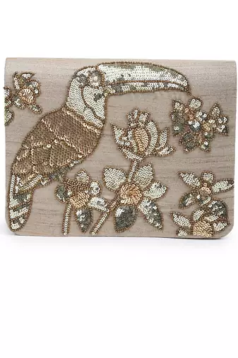 Sequin toucan gold clutch