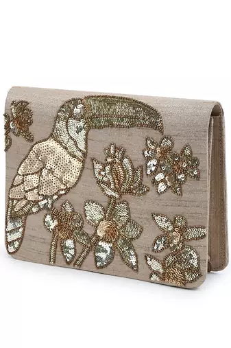 Sequin toucan gold clutch