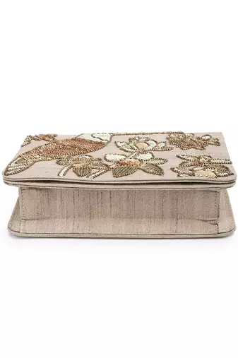 Sequin toucan gold clutch