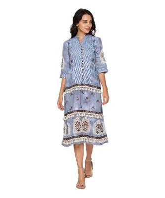 Blue Printed Tier Dress With Leather Cutwork Embroidery 1