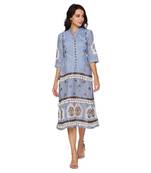Blue Printed Tier Dress With Leather Cutwork Embroidery