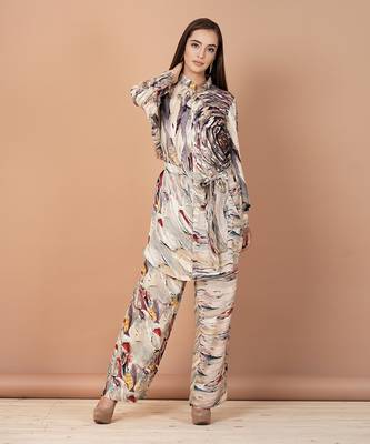 Multicolor Hand Painted Silk Based Shirt Style Co-Ord Set  1