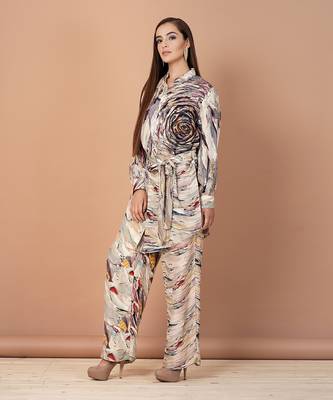 Multicolor Hand Painted Silk Based Shirt Style Co-Ord Set  2