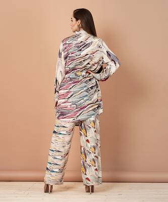 Multicolor Hand Painted Silk Based Shirt Style Co-Ord Set  3