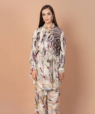 Multicolor Hand Painted Silk Based Shirt Style Co-Ord Set  4