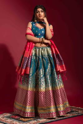 Blue woven silk semi stitched lehenga 2