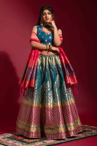 Blue woven silk semi stitched lehenga