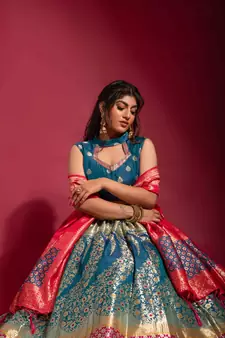 Blue woven silk semi stitched lehenga