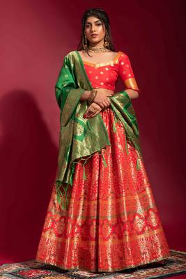 Red woven silk semi stitched lehenga 1