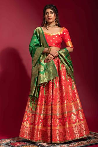 Red woven silk semi stitched lehenga