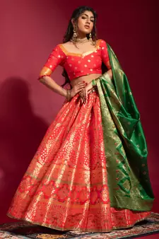 Red woven silk semi stitched lehenga