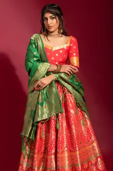 Red woven silk semi stitched lehenga