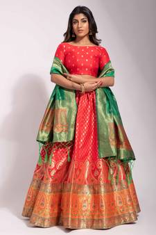 Red woven silk semi stitched lehenga