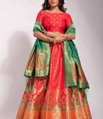 Red woven silk semi stitched lehenga
