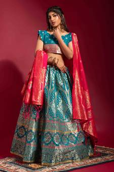 Aqua-blue woven silk semi stitched lehenga