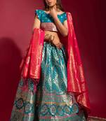 Aqua-blue woven silk semi stitched lehenga