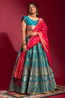 Aqua-blue woven silk semi stitched lehenga