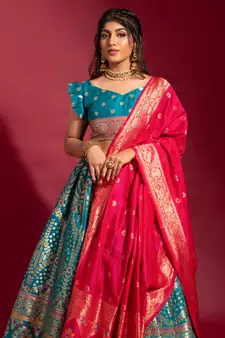 Aqua-blue woven silk semi stitched lehenga