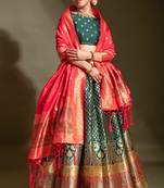 Dark-green woven silk semi stitched lehenga