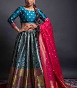 Blue woven silk semi stitched lehenga