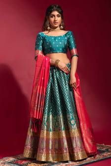 Blue woven silk semi stitched lehenga