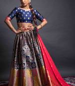 Navy-blue woven silk semi stitched lehenga