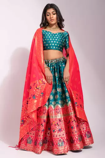 Blue woven silk semi stitched lehenga