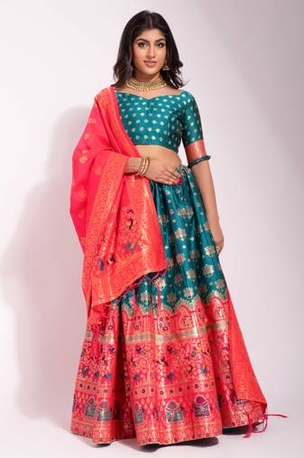Blue woven silk semi stitched lehenga
