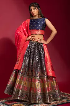 Navy-blue woven silk semi stitched lehenga