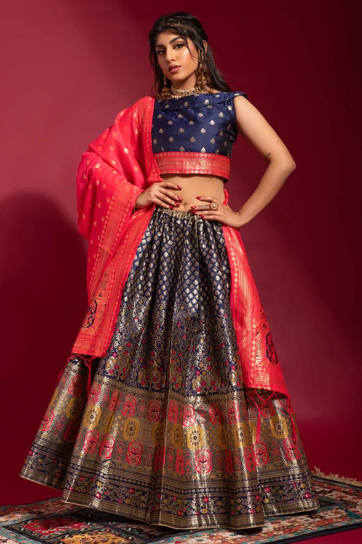 Navy-blue woven silk semi stitched lehenga