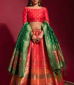 Red woven silk semi stitched lehenga