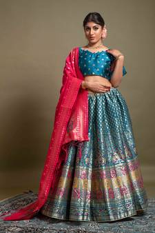 Blue woven silk semi stitched lehenga