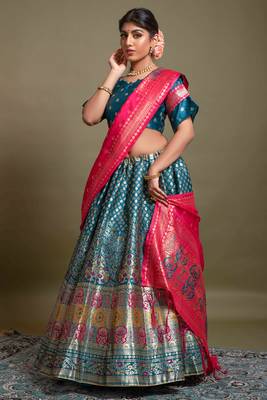 Blue woven silk semi stitched lehenga 2