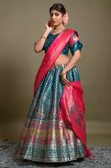 Blue woven silk semi stitched lehenga