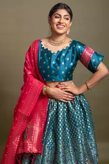 Blue woven silk semi stitched lehenga