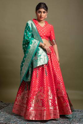 Red woven silk semi stitched lehenga 1