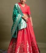 Red woven silk semi stitched lehenga