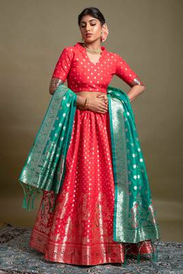Red woven silk semi stitched lehenga 2