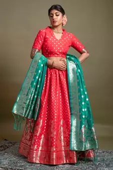 Red woven silk semi stitched lehenga
