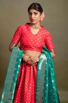 Red woven silk semi stitched lehenga