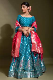 Aqua-blue woven silk semi stitched lehenga