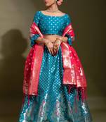 Aqua-blue woven silk semi stitched lehenga