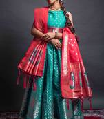 Green woven silk semi stitched lehenga