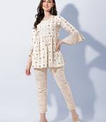 Beige Off White Paisley Jaipuri Printed Cotton Tunic With Pant
