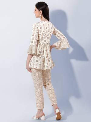Beige Off White Paisley Jaipuri Printed Cotton Tunic With Pant 3