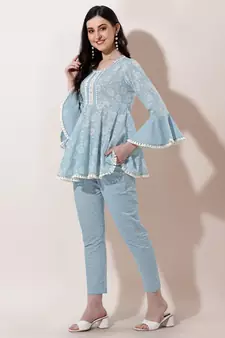 Grey White Floral Jaipuri Printed Cotton Tunic With Pant